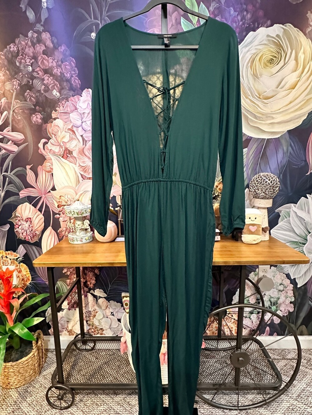 Forever 21 M Emerald Green Lace Up Jumpsuit Long Sleeve V Neck Wide Leg Evening